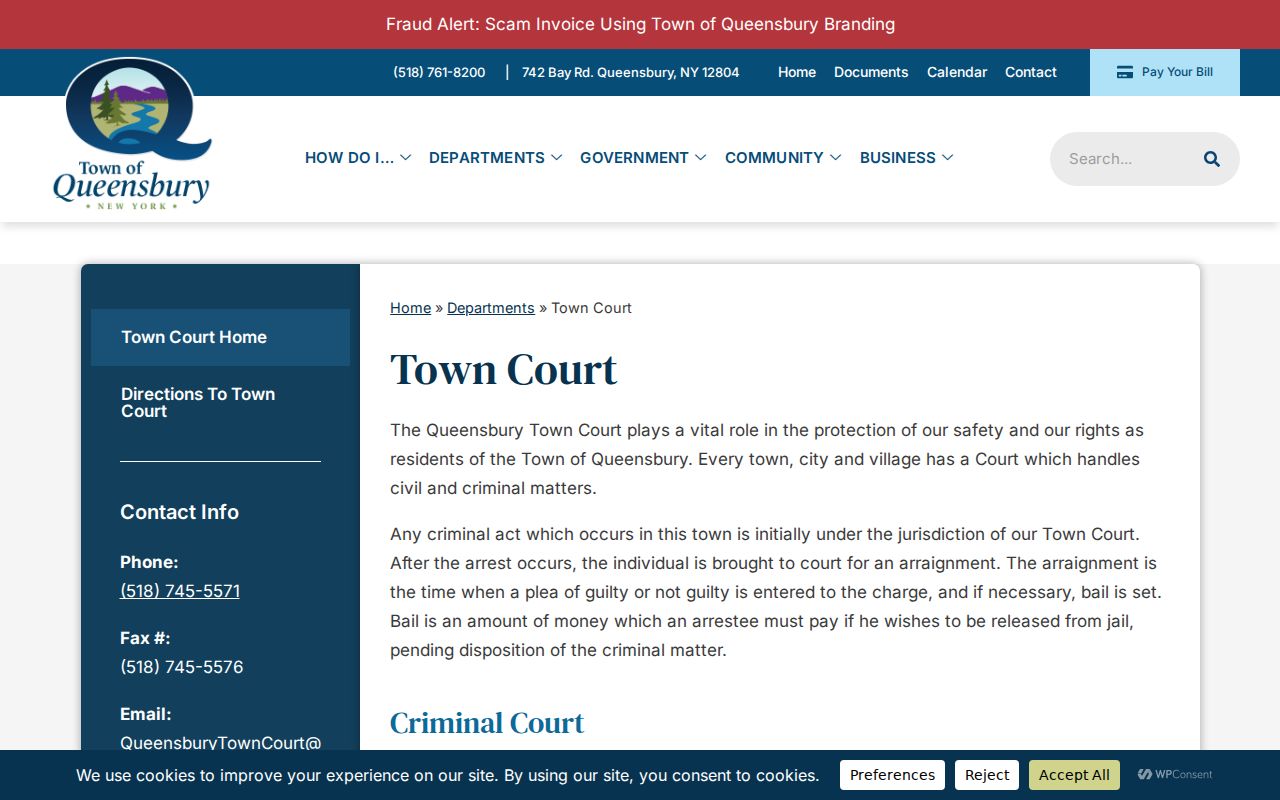 Queensbury criminal court records on the official Town Court page